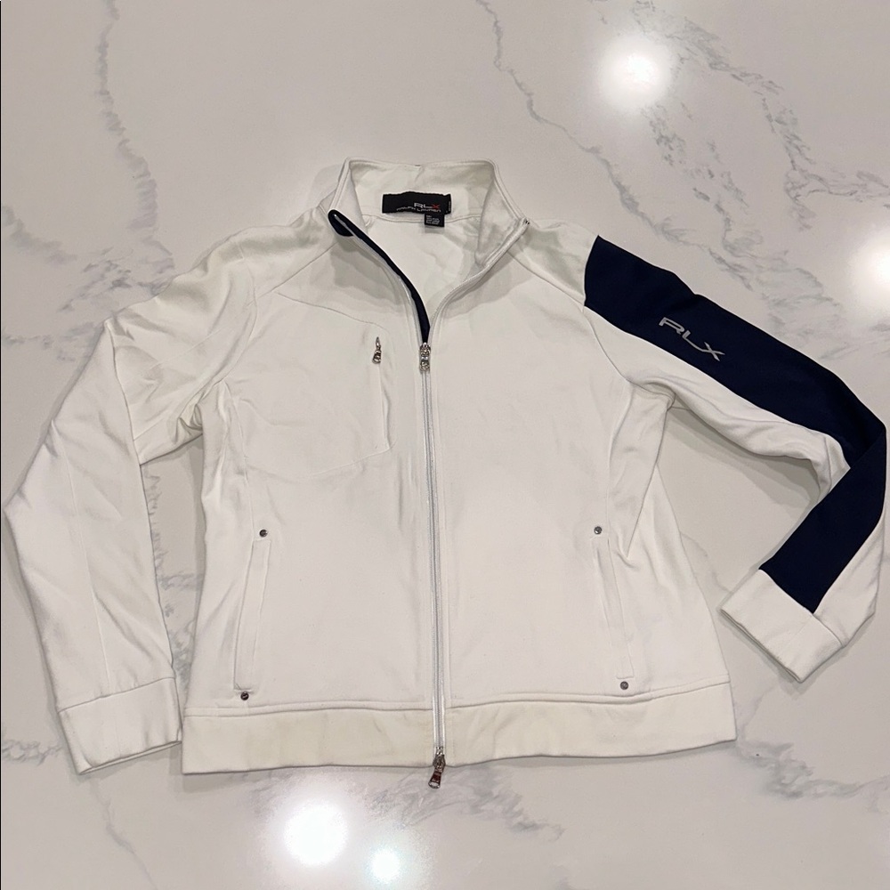 RALPH LAUREN SIZE L~ RLX ZIP UP JACKET ~TENNIS GOLF SPORTS GYM WEAR~WHITE NAVY